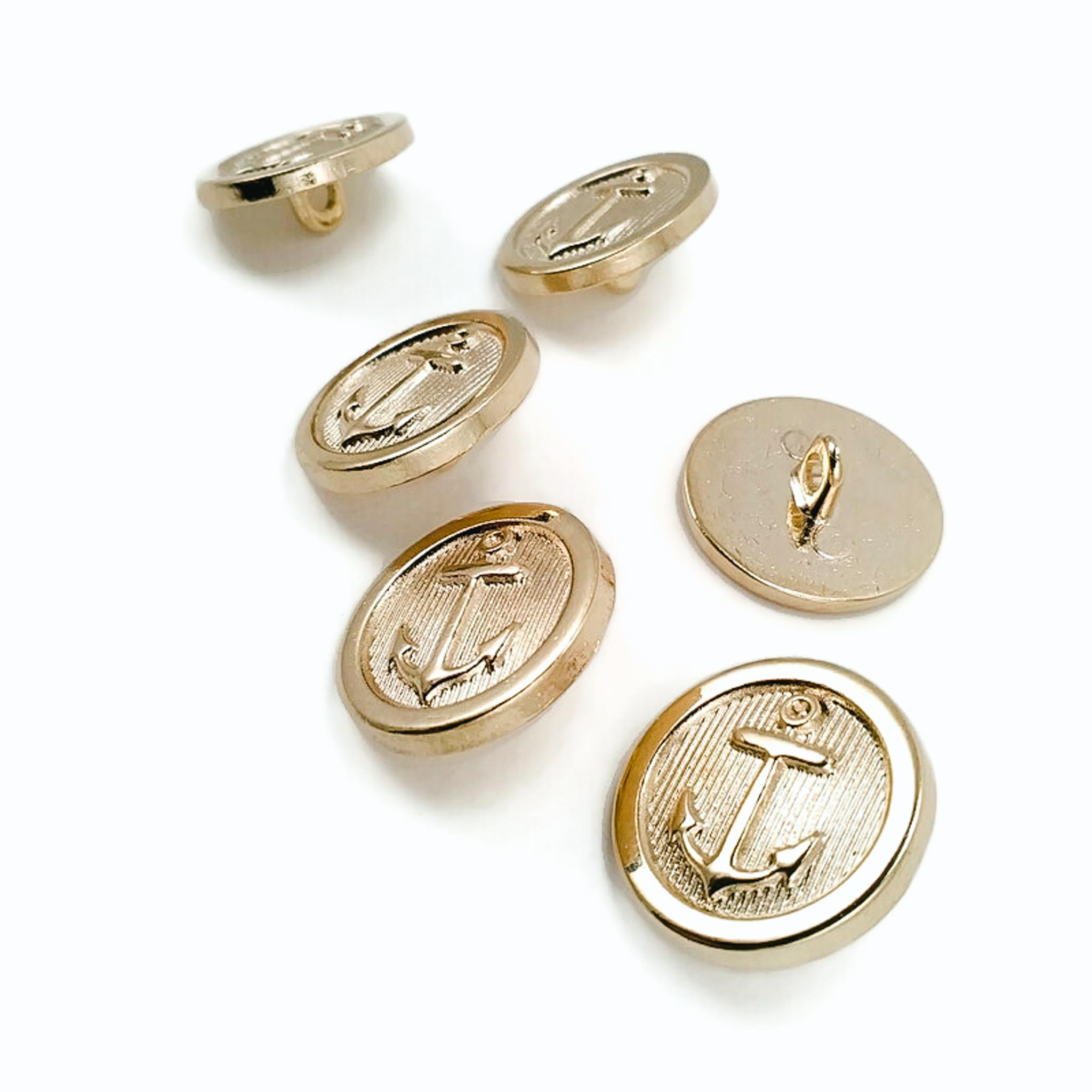20 mm - 32 L Gold Shank Buttons 6 pcs Ship Anchor Crest
